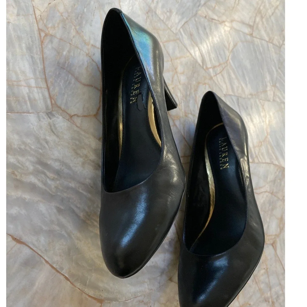 Lauren Ralph Lauren Harper Black Leather Round Toe Stiletto Pumps 7B 11739 E 14